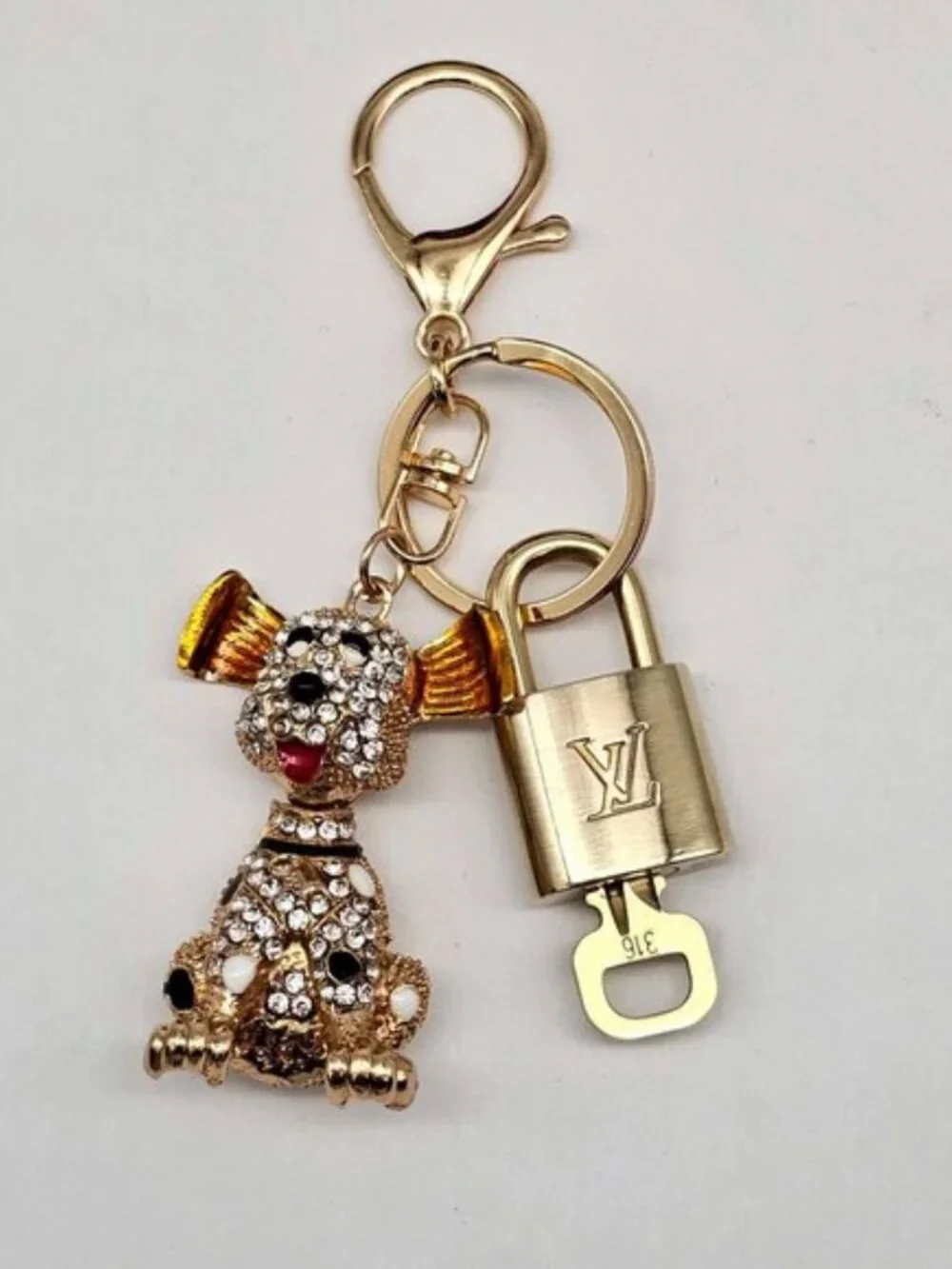 Authentic LV Gold Padlock & Key 🔑 Designer Bag Charm w/ Unbranded Dog Keychain